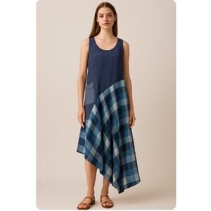LIV By Habitat Women's SZ XL 100% Linen Ying Yang Dress Navy & Green Buffalo
